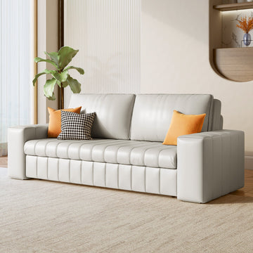 Modern Leather Sleeper Sofa with Storage in Light Gray & Orange - Comfortable & Stylish